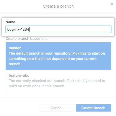 Field for creating a name for the new branch